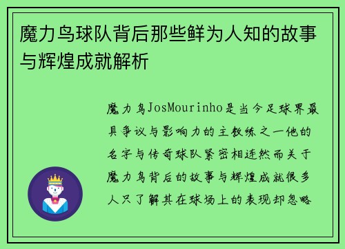 魔力鸟球队背后那些鲜为人知的故事与辉煌成就解析