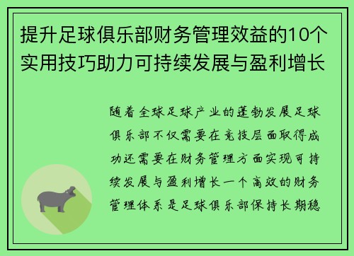 提升足球俱乐部财务管理效益的10个实用技巧助力可持续发展与盈利增长 提升足球俱乐部财务管理效益的10个实用技巧助力可持续发展与盈利增长
